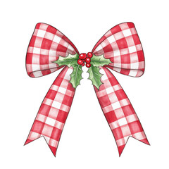 Red gingham Christmas bow with holly leaves and berries, festive and cheerful design