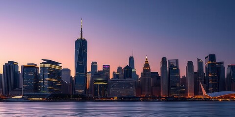 Naklejka premium A sophisticated cityscape wallpaper featuring a modern skyline with elegant buildings and twinkling lights, cityscape, luxurious, elegant