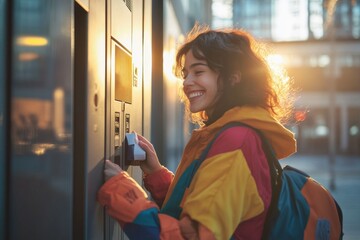 Young woman near an interactive locker service in urban light