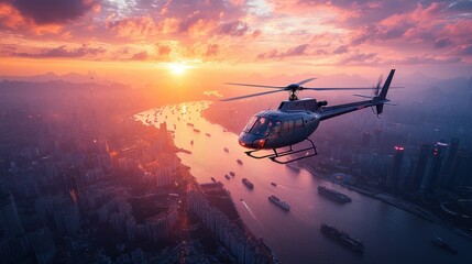 Fototapeta premium Helicopter Flying Over City at Sunset 