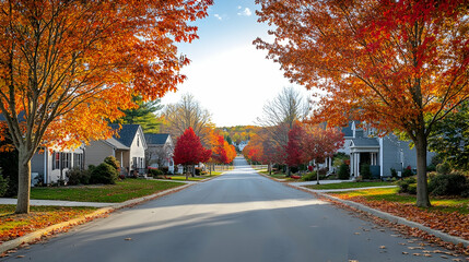Tree-lined suburban street in autumn in Woodstock Vermont with vibrant orange and red leaves covering the road and sidewalks