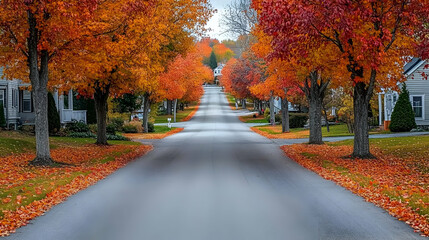 Fototapeta premium Tree-lined suburban street in autumn in Woodstock Vermont with vibrant orange and red leaves covering the road and sidewalks