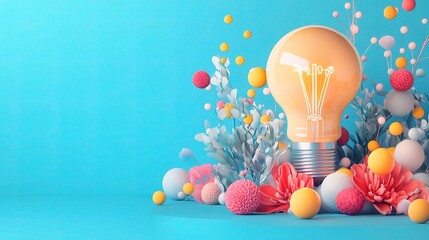 Glowing Light Bulb Surrounded by Colorful Ideas and Innovation Elements
