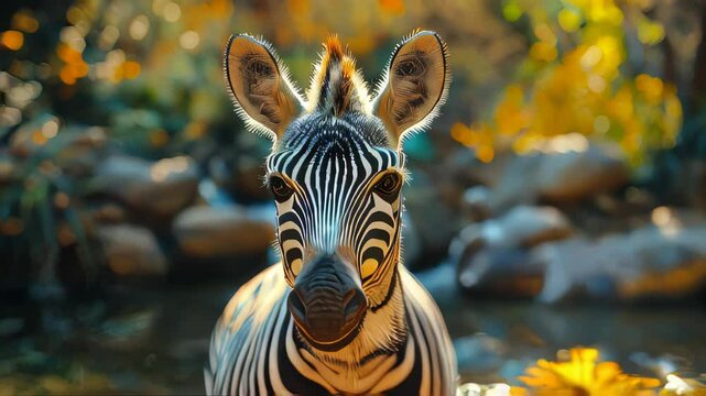 A zebra head surrounded by vibrant yellow flowers and greenery in a tranquil natural setting. Captivating wildlife portrait with vivid colors