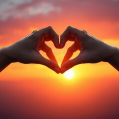 Fototapeta premium Heart-shaped hands forming a symbol against a sunset, silhouette, community, love, relationships