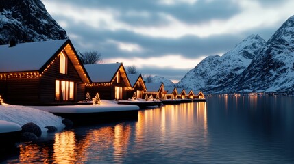 Fototapeta premium A serene winter scene with illuminated cabins beside a snow-covered landscape and a calm lake, reflecting the beauty of nature.