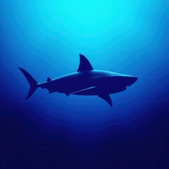 Obraz premium Giant shark silhouette against a blue background, deep blue sea, oceanic apex predator, marine hunter, black outline