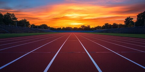 Red athletic track illuminated by sunlight
