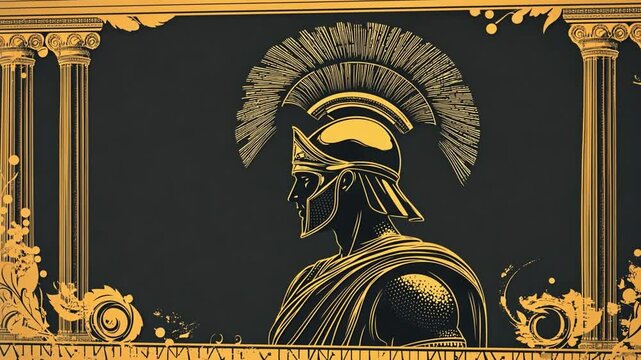 Golden Spartan: A majestic profile of a Spartan warrior in a golden helmet, set against a black background adorned with antique columns and intricate patterns. The image evokes strength, courage.