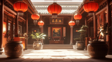 Vibrant red walls and tiles, ornate lanterns, and intricate dragon decorations adorn this meticulously detailed digital recreation of an ancient Chinese courtyard. The wide-angle lens captures the sym