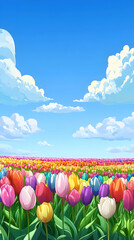 A vibrant field of tulips under a bright blue sky with fluffy clouds.