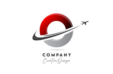 O red letter alphabet logo icon design with plane and swoosh suitable for an air or aerospace travel business or company