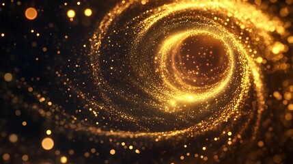 Vector illustration of a golden light effect on a black background, featuring a glowing round ring, circle, or portal with sparkles and swirls as design elements