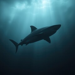 Side view of a shark silhouette in murky water, hunting prey, dorsal fin, menacing shark