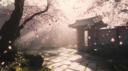 A serene garden scene with cherry blossoms, sunlight, and a traditional gate.