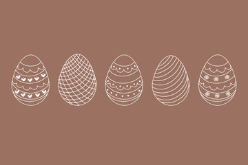 Vector collection of Easter eggs in doodle style. White icons of eggs with ornaments for Easter holidays decoration. Hand drawn vector illustration on mocha mousse background. Vector 