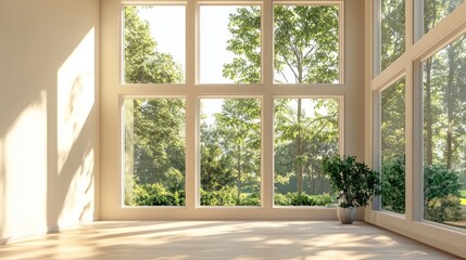 Sunlit Room with Expansive Views of Lush Greenery Through Large Windows