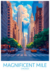 Chicago Magnificent Mile Poster Illustration Travel Print Decor Gift Paper Canvas Wall Retro Art