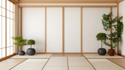 A serene, minimalist interior featuring tatami mats, wooden walls, and decorative plants, embodying traditional Japanese design aesthetics.