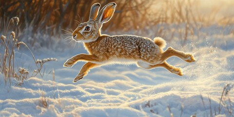 Obraz premium Hare leaping through snowy landscape winter wonderland wildlife photography natural habitat dynamic movement