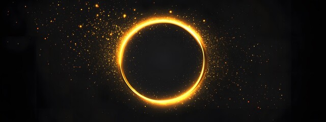 Vector illustration of a golden light effect on a black background, featuring a glowing round ring, circle, or portal with sparkles and swirls as design elements