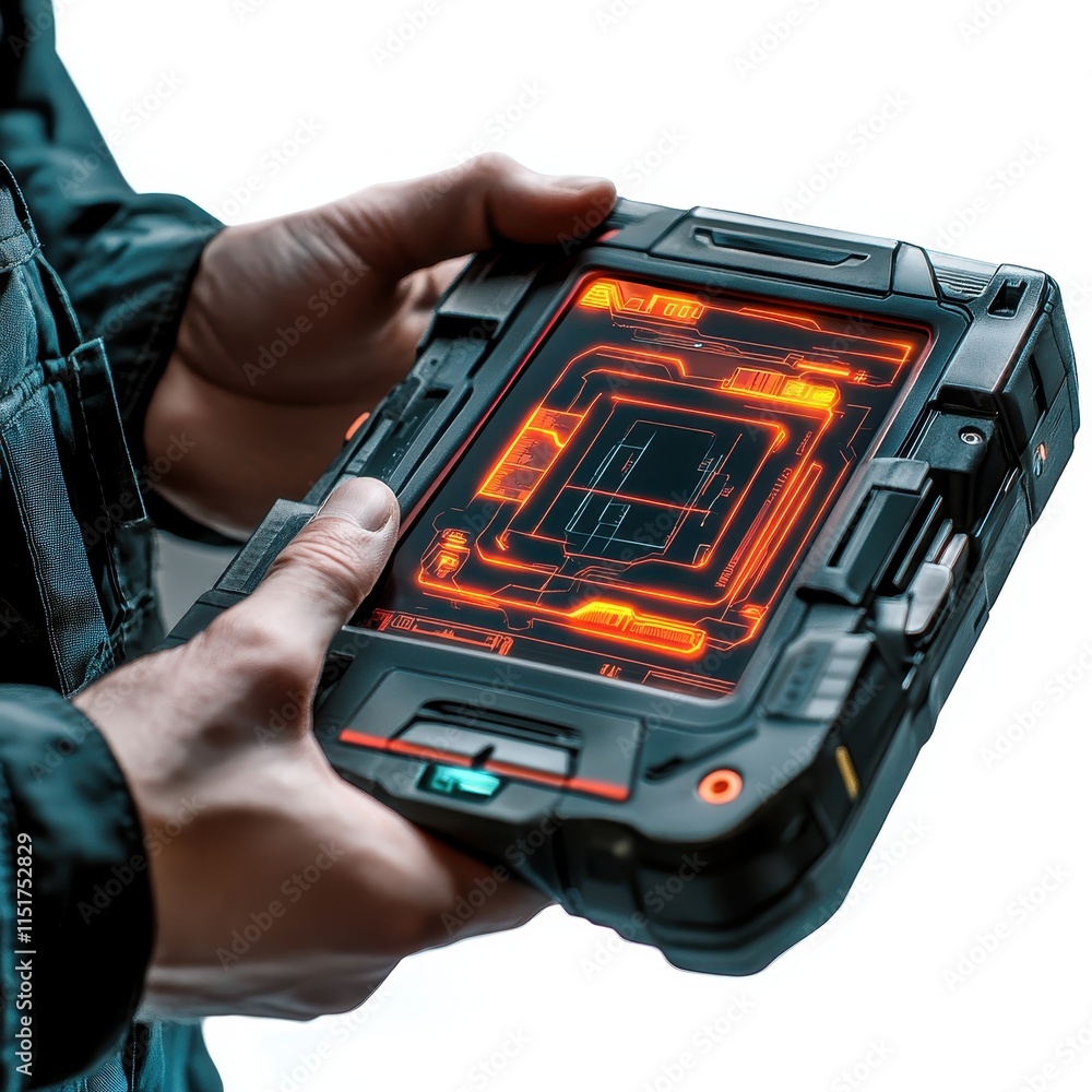 Poster a futuristic device with a glowing interface held by a person, showcasing sleek design and technolog