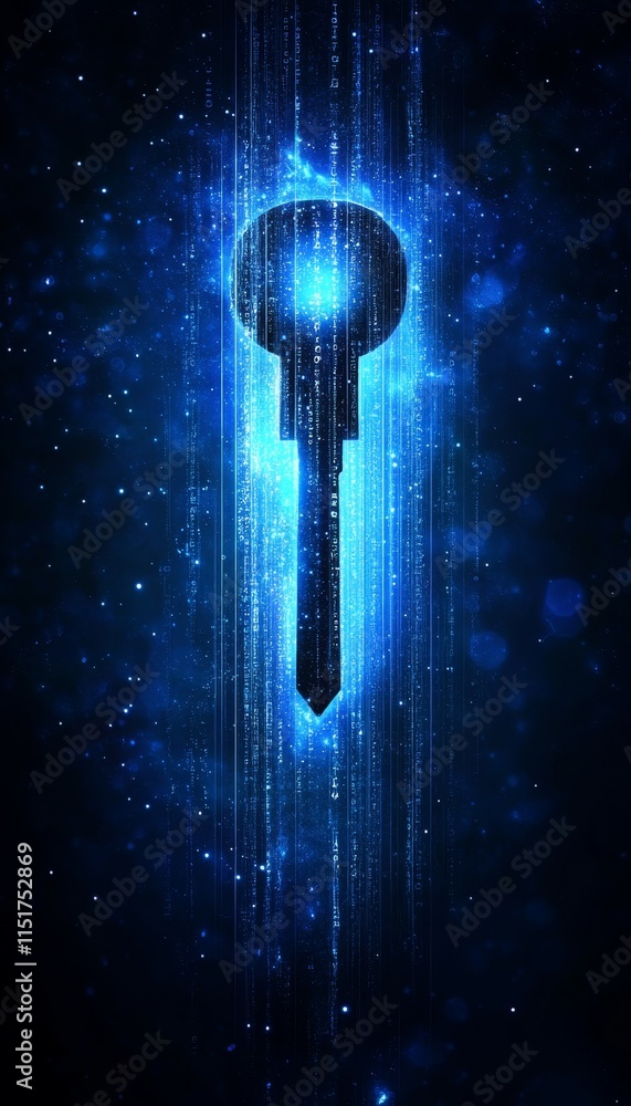 Poster glowing digital key unlocking technology driven opportunities against abstract digital background