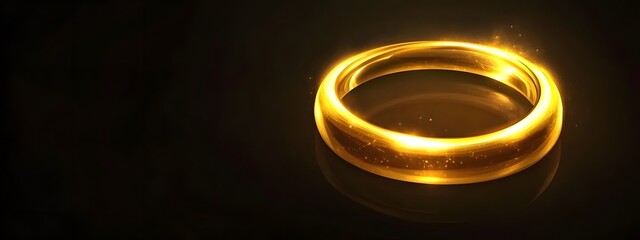 Vector illustration of a golden light effect on a black background, featuring a glowing round ring, circle, or portal with sparkles and swirls as design elements