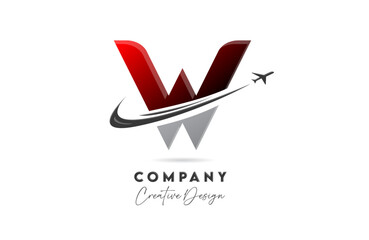 W red letter alphabet logo icon design with plane and swoosh suitable for an air or aerospace travel business or company