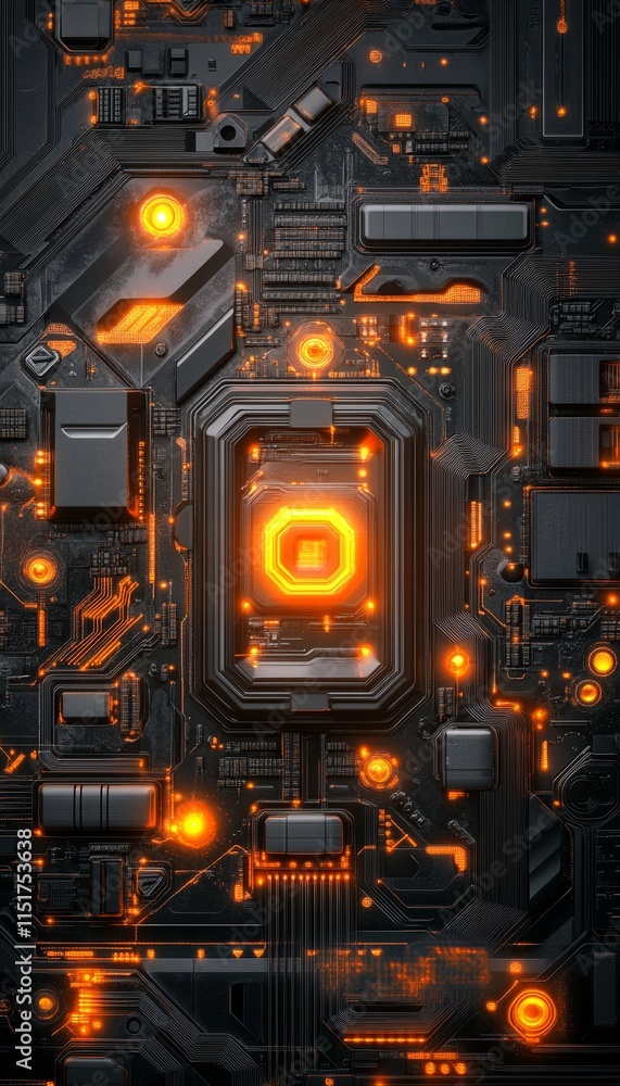 Poster glowing core abstract circuit board design with intricate lines and luminous elements.