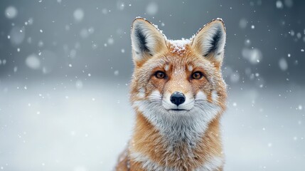 Obraz premium A close-up of a fox in a snowy landscape, showcasing its vibrant orange fur and alert expression amidst falling snowflakes.