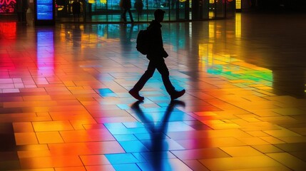 Fototapeta premium Silhouette walks vibrant, colorful tiled floor.