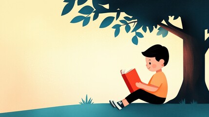 A young boy sits under a tree, engrossed in reading a book, surrounded by a serene outdoor setting.