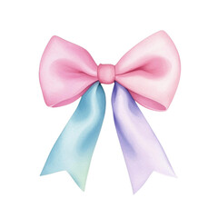Pastel pink and blue bow with long ribbons in hyperrealistic watercolor style