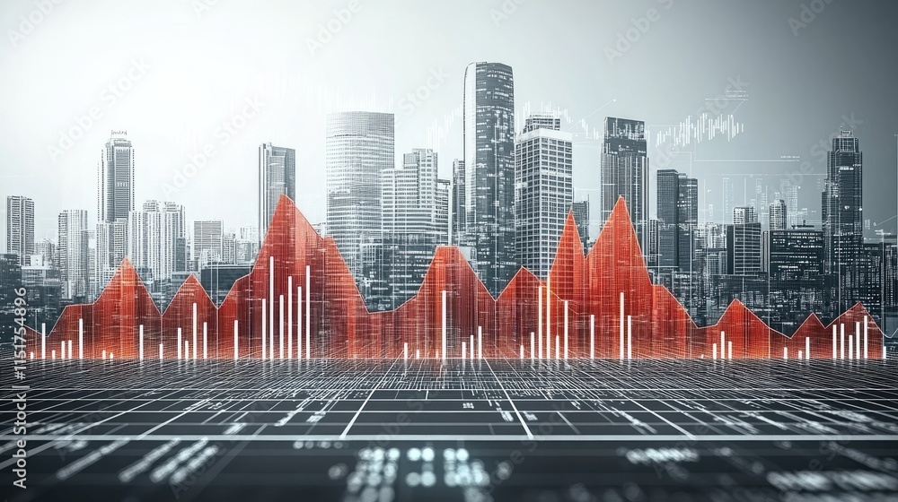 Poster abstract white futuristic background with tech-inspired coding visuals, graphs, and investment chart