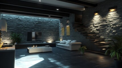 Modern Living Room with Stone Wall and Floating Staircase