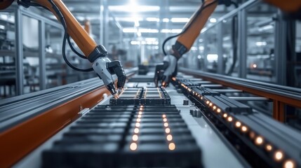 Battery manufacturing assembly line showcasing advanced technology and precision engineering, where skilled workers meticulously assemble components to ensure high-performance energy solutions.