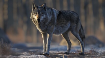 Obraz premium A detailed image of a wolf with piercing eyes and a thick gray coat standing alone.