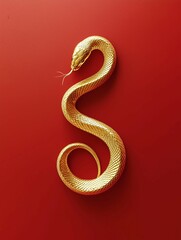 Fototapeta premium Golden, snake-shaped figure on red background,symmetrical composition, Chinese zodiac snake theme.