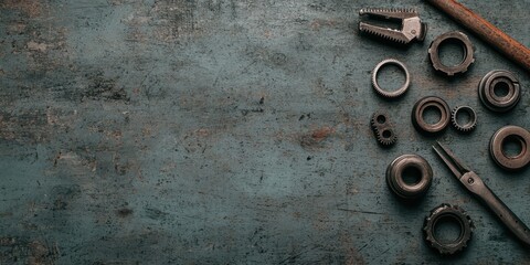 A collection of various tools and metal parts arranged on a textured, dark surface, ideal for DIY projects and mechanical work.