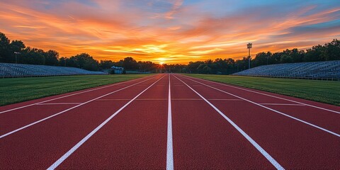 Red athletic track illuminated by sunlight
