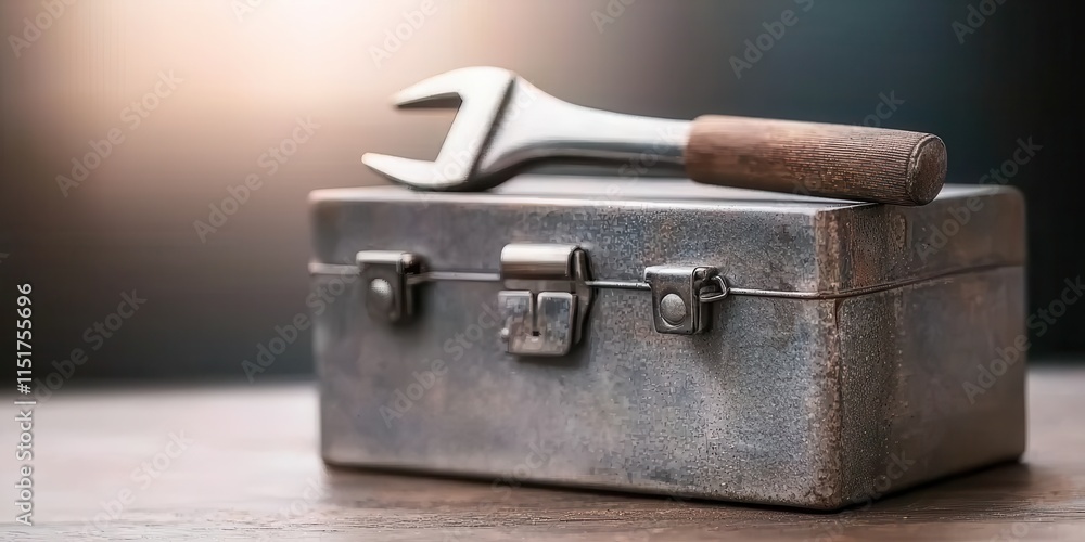 Poster a vintage toolbox with a wrench resting on top, showcasing a blend of rustic charm and practical uti