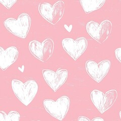 Seamless pattern of hand-drawn white hearts on pink background.