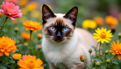 Siamese cat in flowers: Siamese cat gracefully nestled among bright flowers in a garden, accented by her contrasting colors and expressive blue eyes.