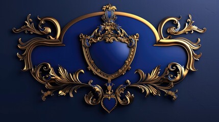 A regal crest with intricate gold detailing set against a rich royal blue background