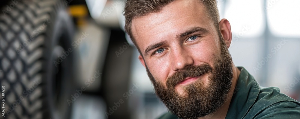 Poster a smiling man with a beard poses confidently in a workshop, with a tire visible in the background.