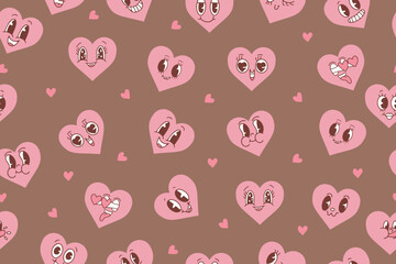 Fototapeta premium Kawaii hearts, set of cute emoji icons, stickers. Hand drawn emotional characters. Cute love characters with different faces, funny positive emotions. Vector illustration on mocha mousse background.