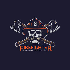 Firefighter And Crossed Axes Hatchet with Mustache Skull Wearing Fireman Helmet, Logo Vector Illustration