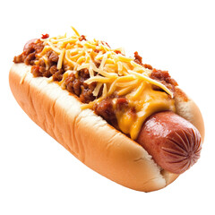 Chili hotdog with cheese isolated on white or transparent background