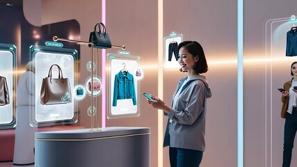 Woman Shopping with Augmented Reality Interface in Futuristic Retail Environment

